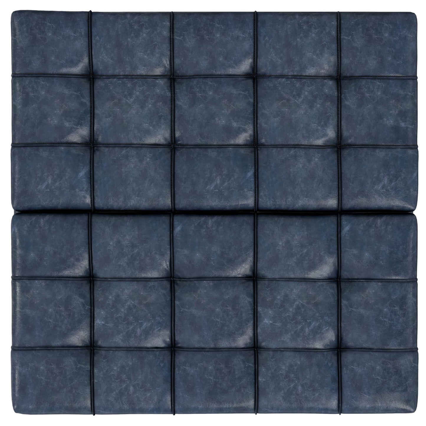 The Harrison Upholstered Coffee Table Storage Ottoman features blue padded leather with a modern grid pattern of black lines, giving it a stylish, tufted look.