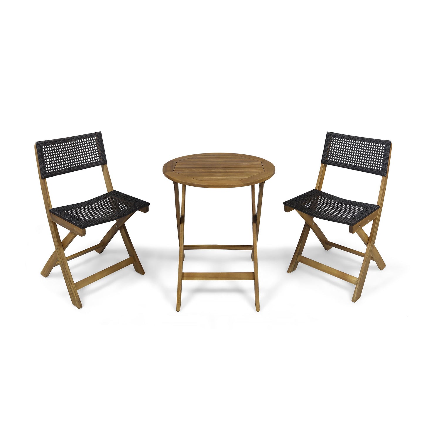 The Evergreen Outdoor Dining Set features a small round wooden table and two matching chairs with woven black seats and backs, arranged on a white background.