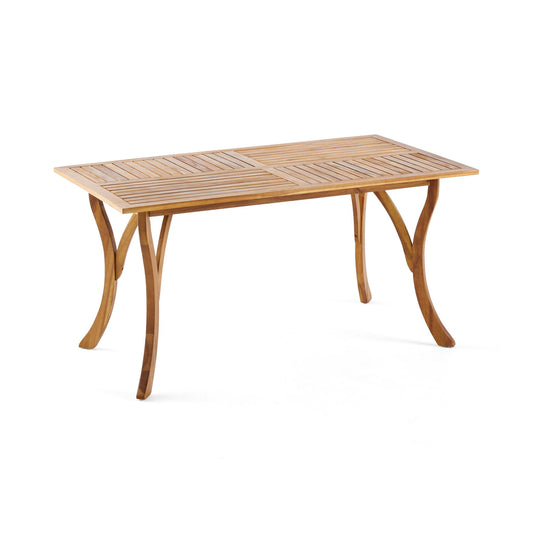 The Outdoor Rectangular Table With Curved Legs And Perpendicular Wooden Slats Table Top features a natural wood finish, slatted top, and curved legs in a simple modern design, shown isolated on a white background.