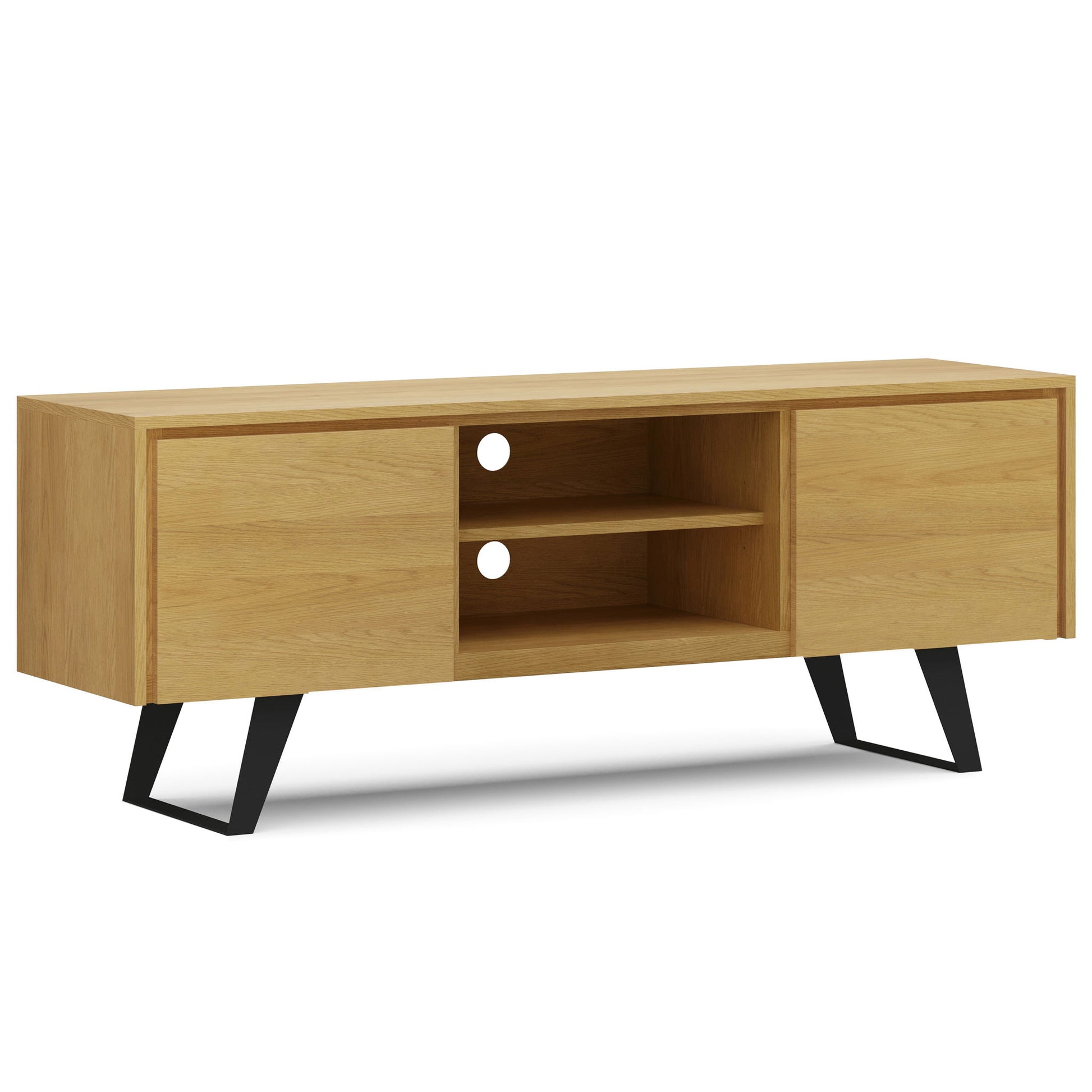 The Lowry Handcrafted TV Media Stand features two side cabinets, two open middle shelves, cable management holes, and angled black metal legs for a modern look.