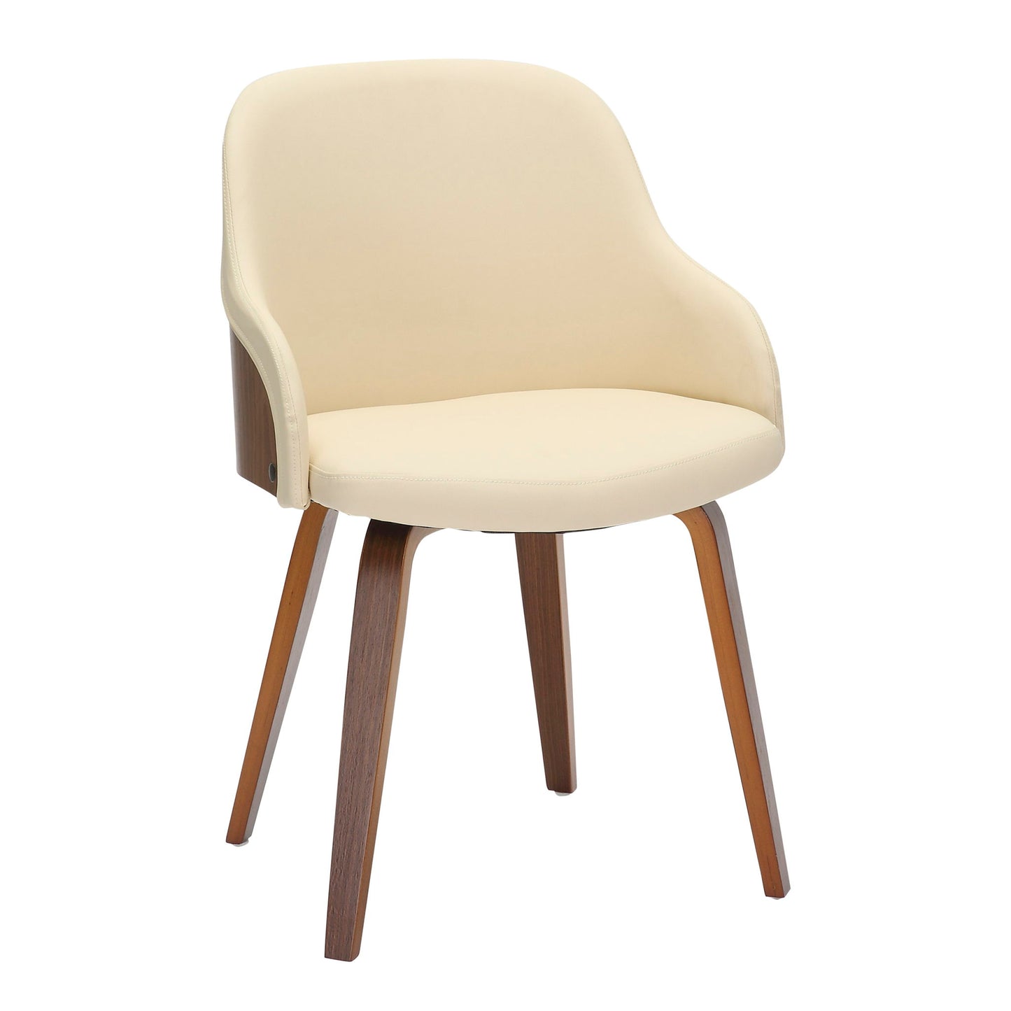 The Bacci Mid Century Modern Dining Chair features a cream-colored cushioned seat and backrest, curved armrests, and four angled walnut-finished wooden legs.