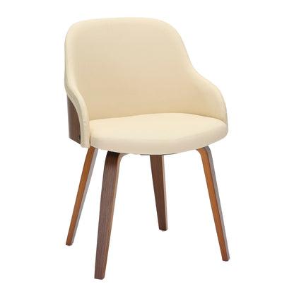 The Bacci Mid Century Modern Dining Chair features a cream-colored cushioned seat and backrest, curved armrests, and four angled walnut-finished wooden legs.