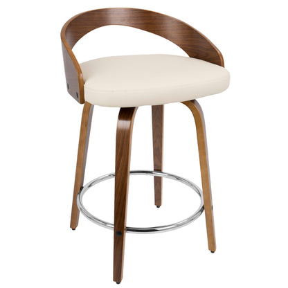 The Grotto Mid-Century Modern Counter Stool (Set of 2) features a curved wooden backrest, cream cushioned seat, angled wood legs, and a chrome footrest, plus swivel functionality for added comfort.