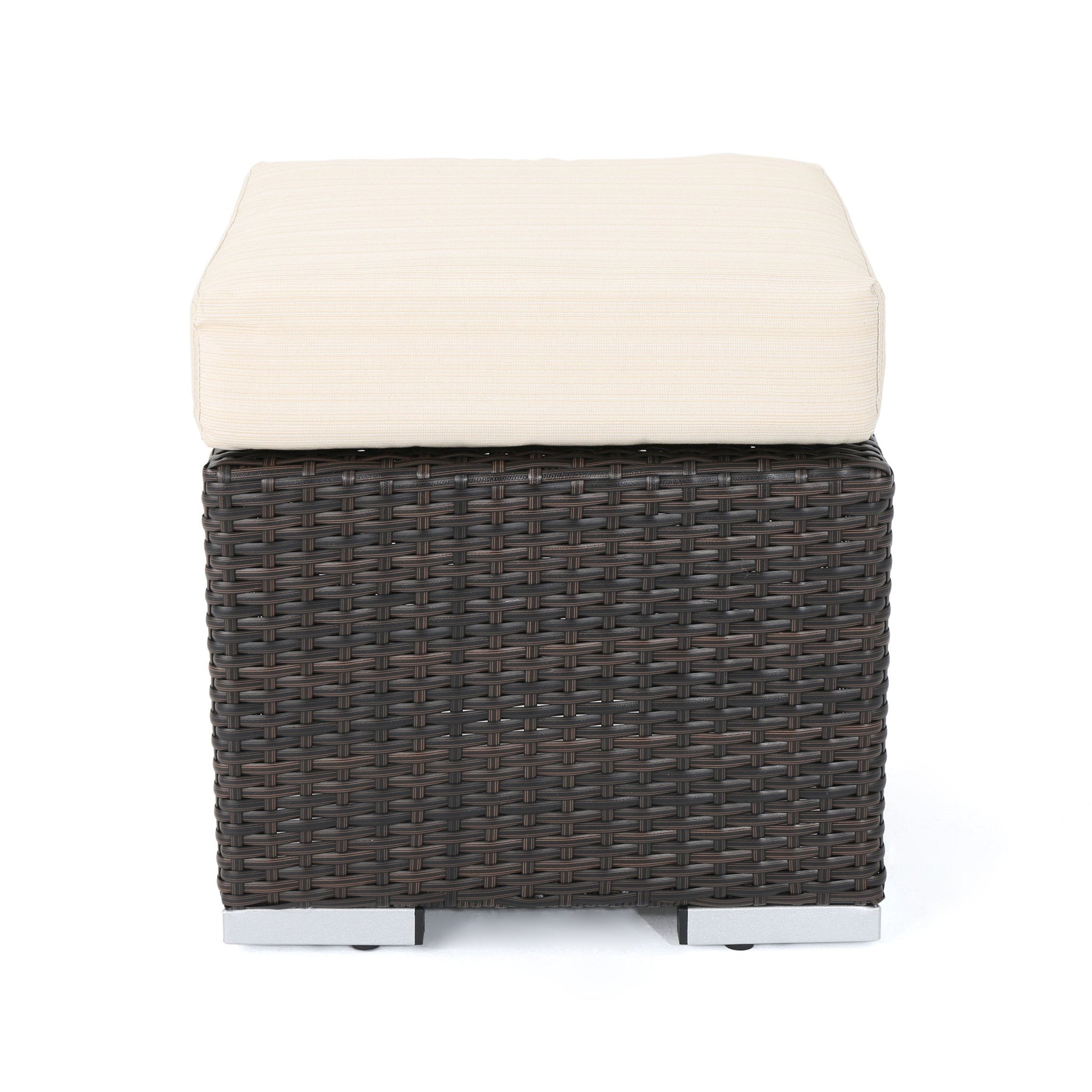 The Santa Rosa Outdoor Lounge Ottoman features a square dark brown wicker base and a thick light beige cushion, displayed against a plain white background.