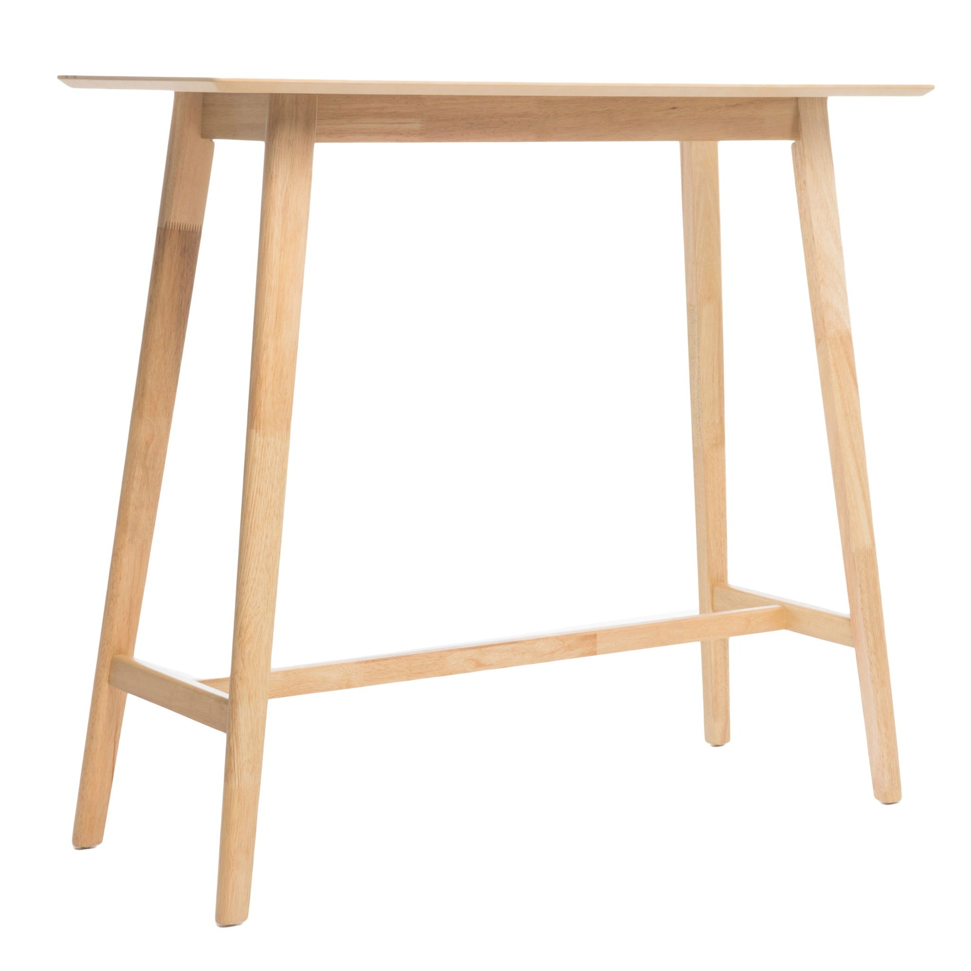 The Bar Height Dining Table With Splayed Legs And Elongated Rectangular Top features a minimalist design, light natural wood finish, and sturdy supports connecting four angled legs beneath its elongated rectangular surface.