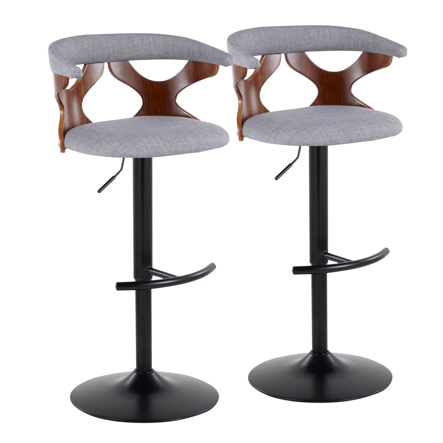 Set of 2 Gardenia Contemporary Adjustable Barstools with gray cushioned seats, curved wooden backrests with cutout design, black swivel bases, and rounded T footrests.