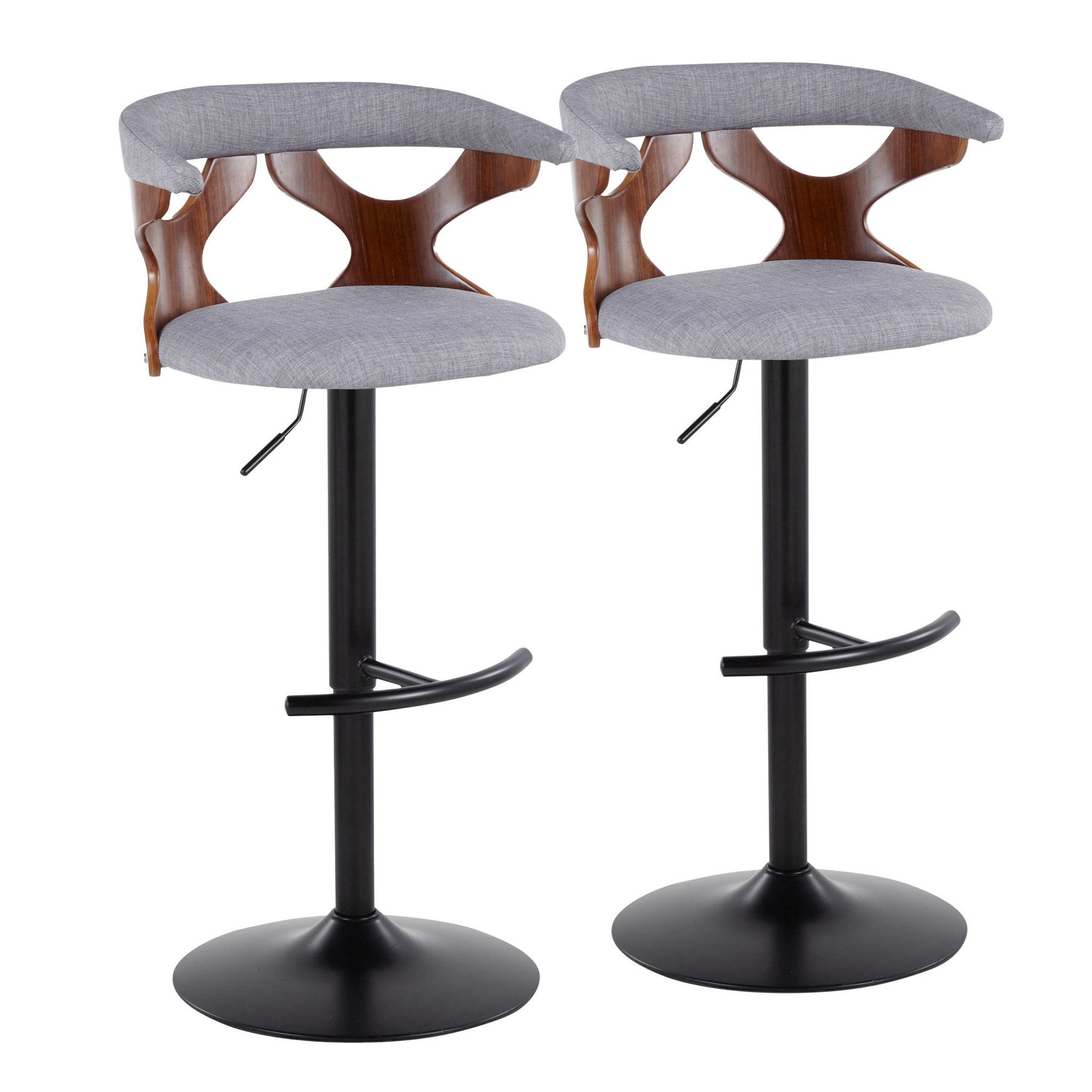 Set of 2 Gardenia Contemporary Adjustable Barstools with gray cushioned seats, curved wooden backrests with cutout design, black swivel bases, and rounded T footrests.