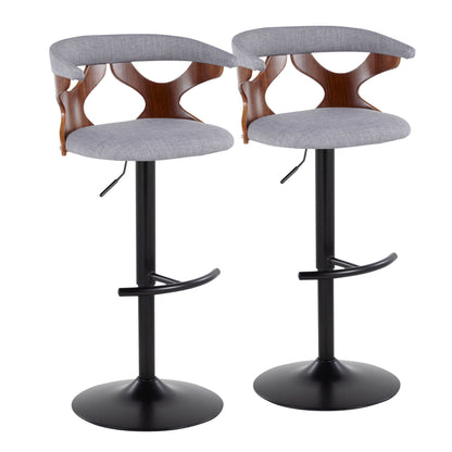 Set of 2 Gardenia Contemporary Adjustable Barstools with gray cushioned seats, curved wooden backrests with cutout design, black swivel bases, and rounded T footrests.