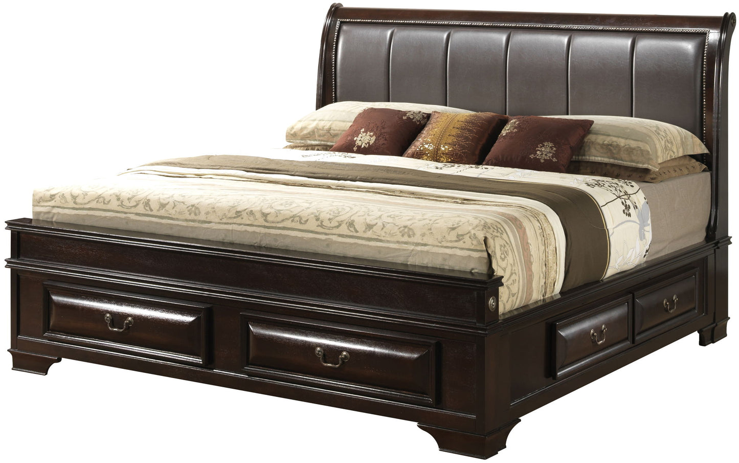 The Lavita - Storage Bed features dark wood, a cushioned leather headboard, beige and brown bedding, decorative pillows, and built-in storage drawers at the base and sides.