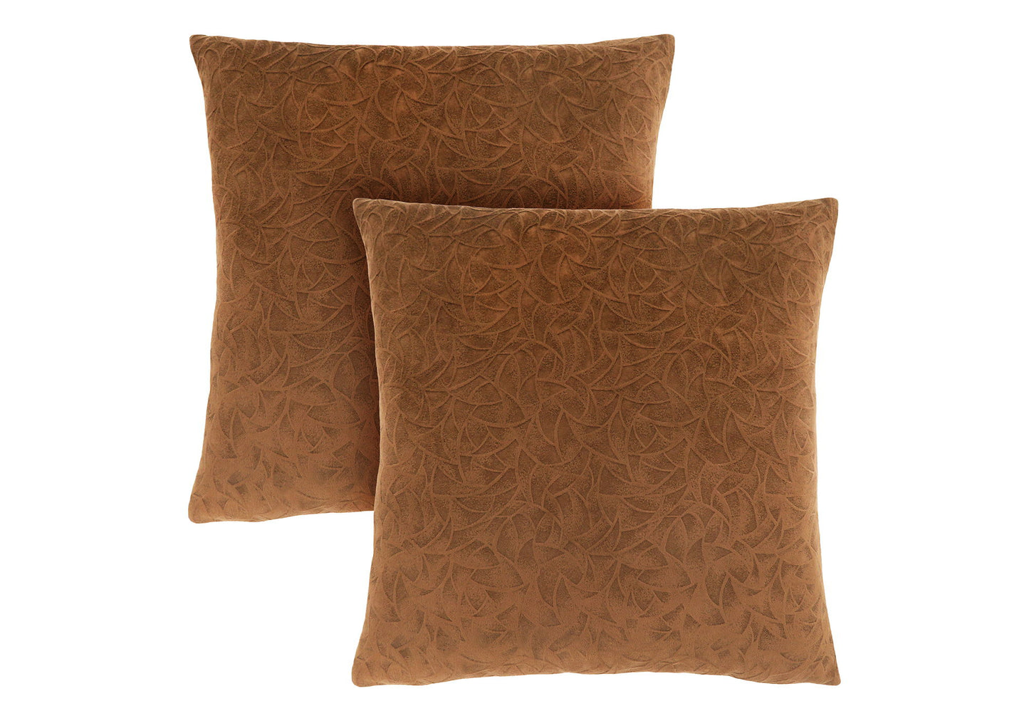 Two brown Pillow Square decorative throw pillows, which are hypoallergenic and come with inserts, feature a subtle leaf-like pattern. They are shown overlapping on a white background.