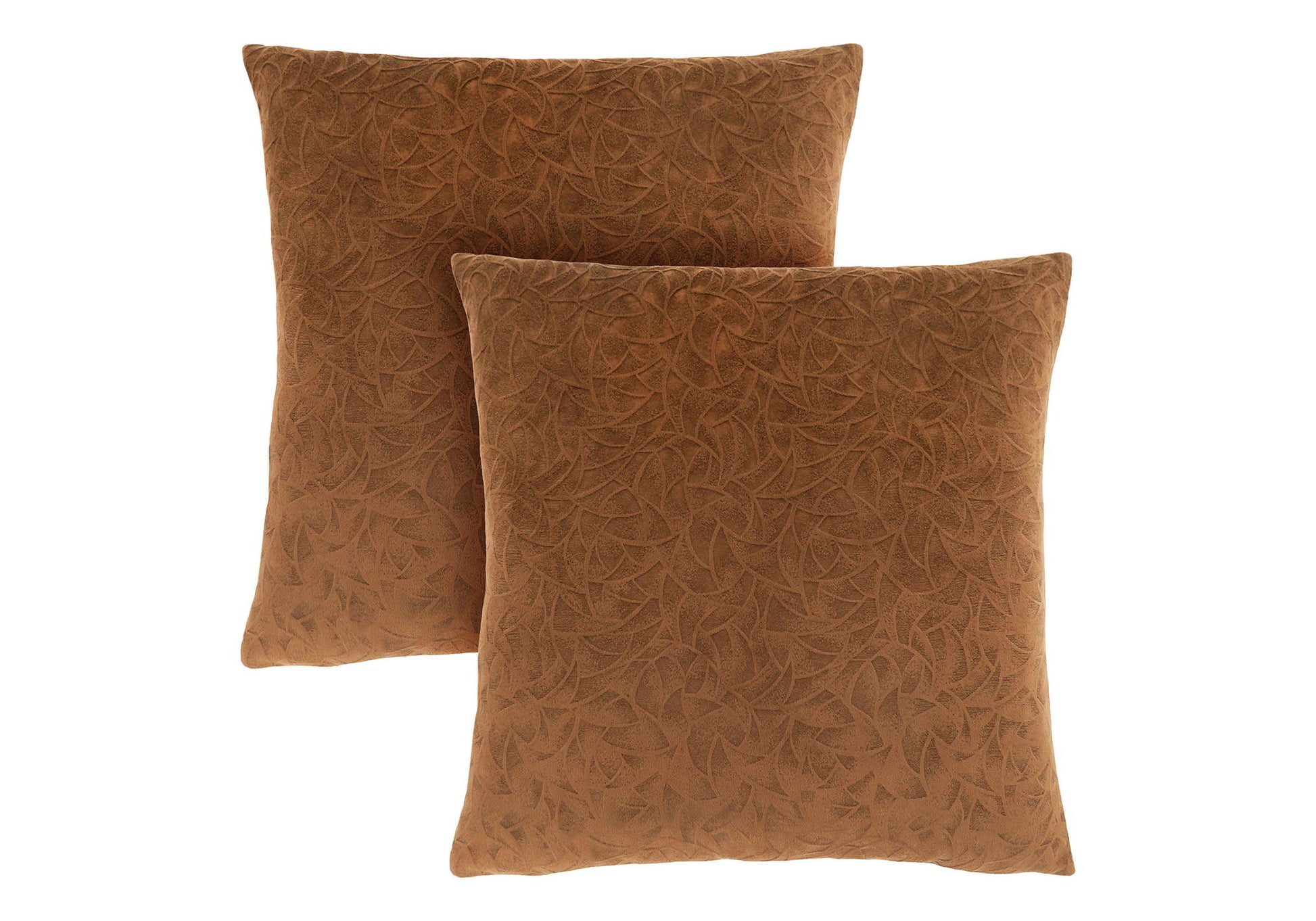 Two brown Pillow Square decorative throw pillows, which are hypoallergenic and come with inserts, feature a subtle leaf-like pattern. They are shown overlapping on a white background.