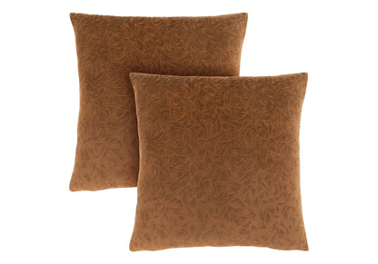 Two brown Pillow Square decorative throw pillows, which are hypoallergenic and come with inserts, feature a subtle leaf-like pattern. They are shown overlapping on a white background.