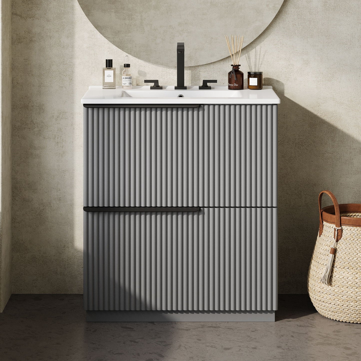 Fluted Bathroom Vanity With Ceramic Sink, Freestanding Cabinet
