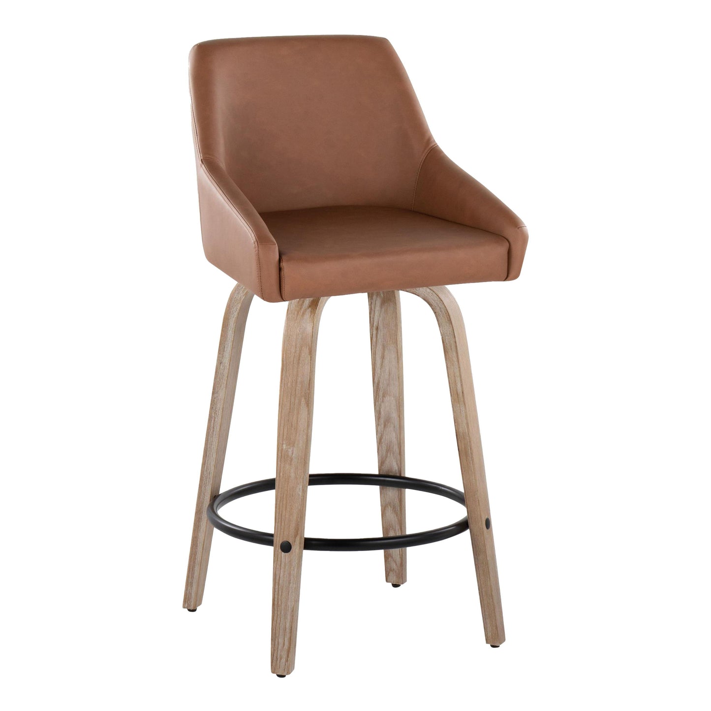 The Hannah Transitional Fixed Height Counter Stool features a brown cushioned seat, low backrest, light wood legs, swivel function, and a black round footrest. Sold as a set of 2.