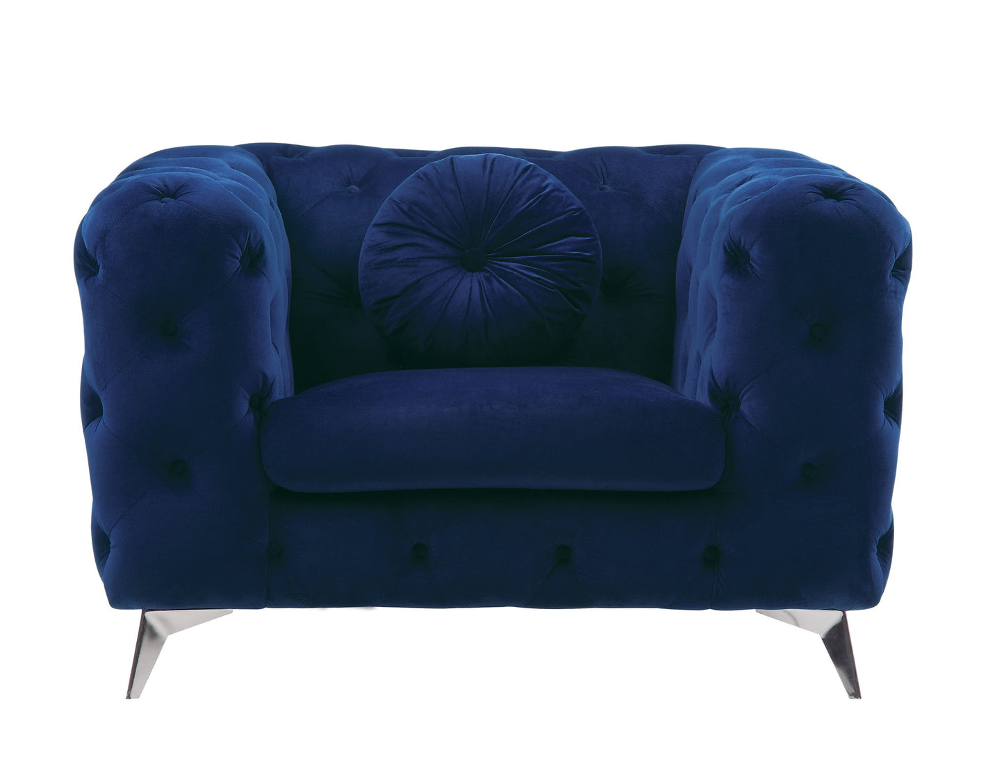 The Atronia - Chair, Elegant Design features plush deep blue velvet, tufted upholstery, a round matching cushion, wide armrests, and short angled metal legs—all set against a white background.