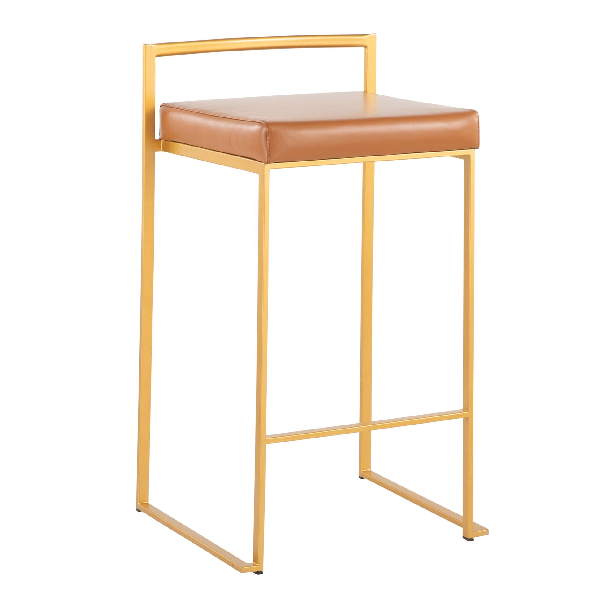 The Fuji Counter Stool set features a contemporary glam design with gold metal frames, square tan leather cushioned seats, minimalist backrests, and an open modern silhouette. Set includes 2 stools.
