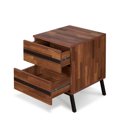 The Karine Accent Table in Black/Walnut features a modern wooden design with two partially open drawers, black horizontal accents on the fronts, and angled black legs.