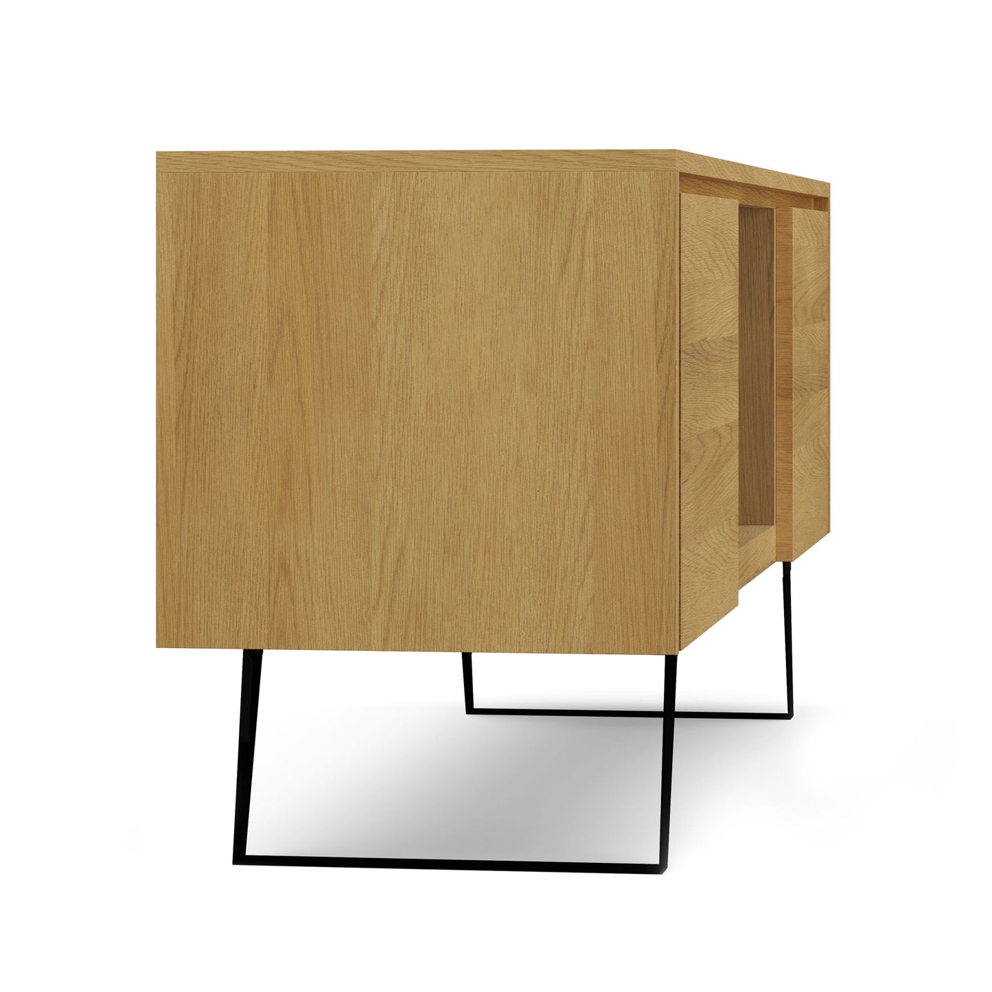 The Lowry Handcrafted TV Media Stand features a modern light oak finish and thin black metal legs, displayed angled to show the side and front against a white background.