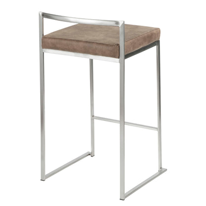 The Fuji - Contemporary Elegant Stackable Counter Stool Set features a modern brushed metal frame, square light brown cushioned seat, minimalistic low backrest, and an open geometric base.