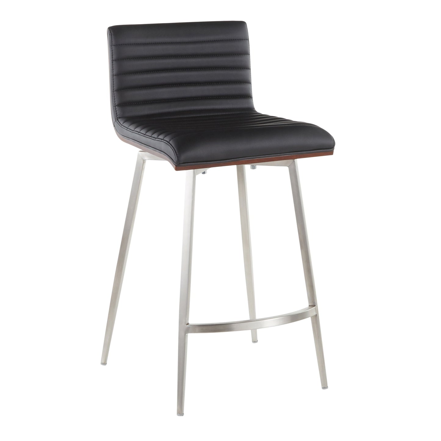 The Mason Contemporary Swivel Counter Stool (Set of 2) features a black ribbed faux leather seat and backrest, angled metal legs with a footrest, and modern swivel functionality.