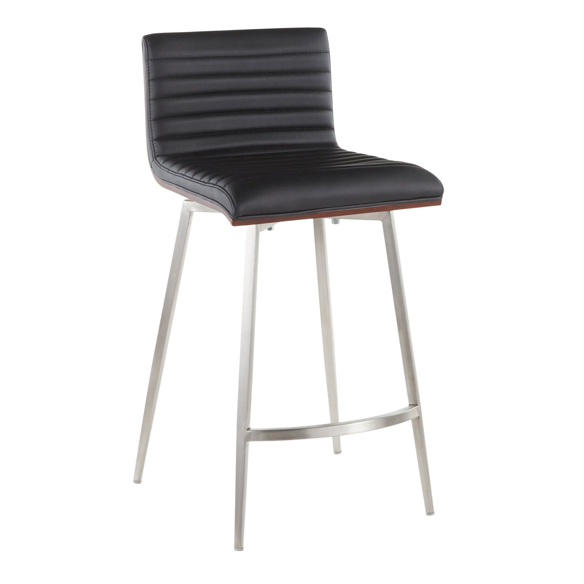 The Mason Contemporary Swivel Counter Stool (Set of 2) features a black ribbed faux leather seat and backrest, angled metal legs with a footrest, and modern swivel functionality.