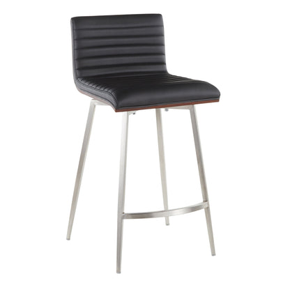 The Mason Contemporary Swivel Counter Stool (Set of 2) features a black ribbed faux leather seat and backrest, angled metal legs with a footrest, and modern swivel functionality.