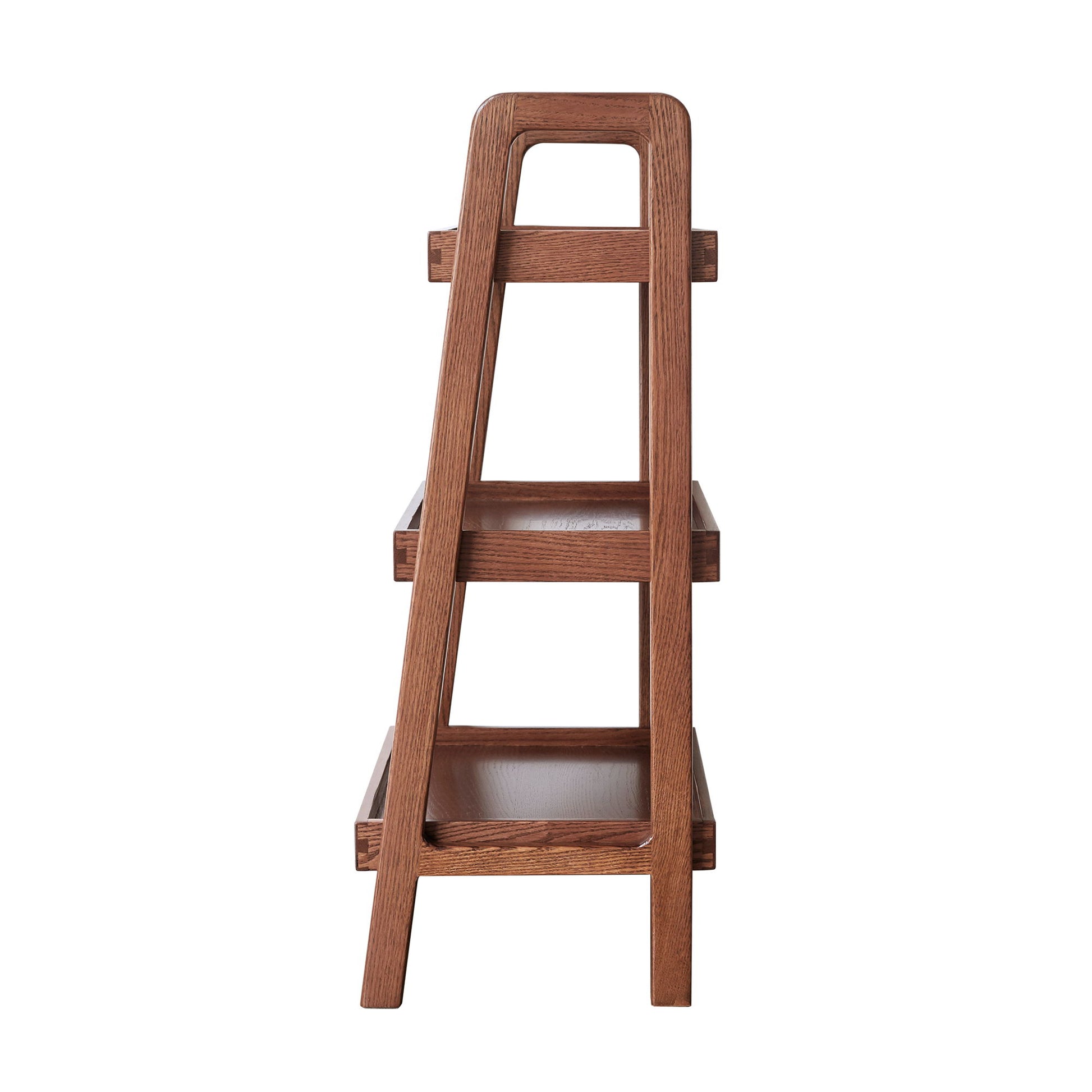 The Premium Storage Organizer is a three-tier beech shoe rack with a walnut finish, featuring an A-frame design, two open shelves, a handle-style top, and four legs. Ideal for the entryway or living room against a white background.