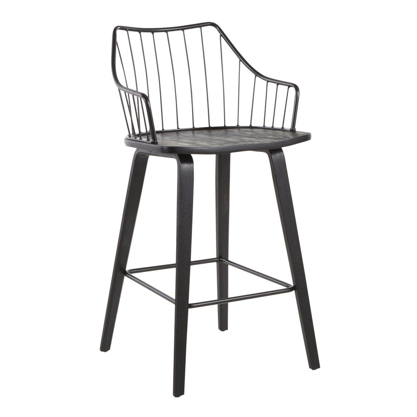 The Winston - Farmhouse Counter Stool is a modern black bar stool with a metal wire backrest, angled armrests, and four wooden legs joined by a square footrest for extra support.