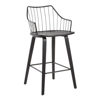 The Winston - Farmhouse Counter Stool is a modern black bar stool with a metal wire backrest, angled armrests, and four wooden legs joined by a square footrest for extra support.