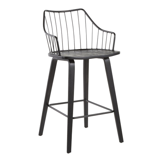 The Winston - Farmhouse Counter Stool is a modern black bar stool with a metal wire backrest, angled armrests, and four wooden legs joined by a square footrest for extra support.