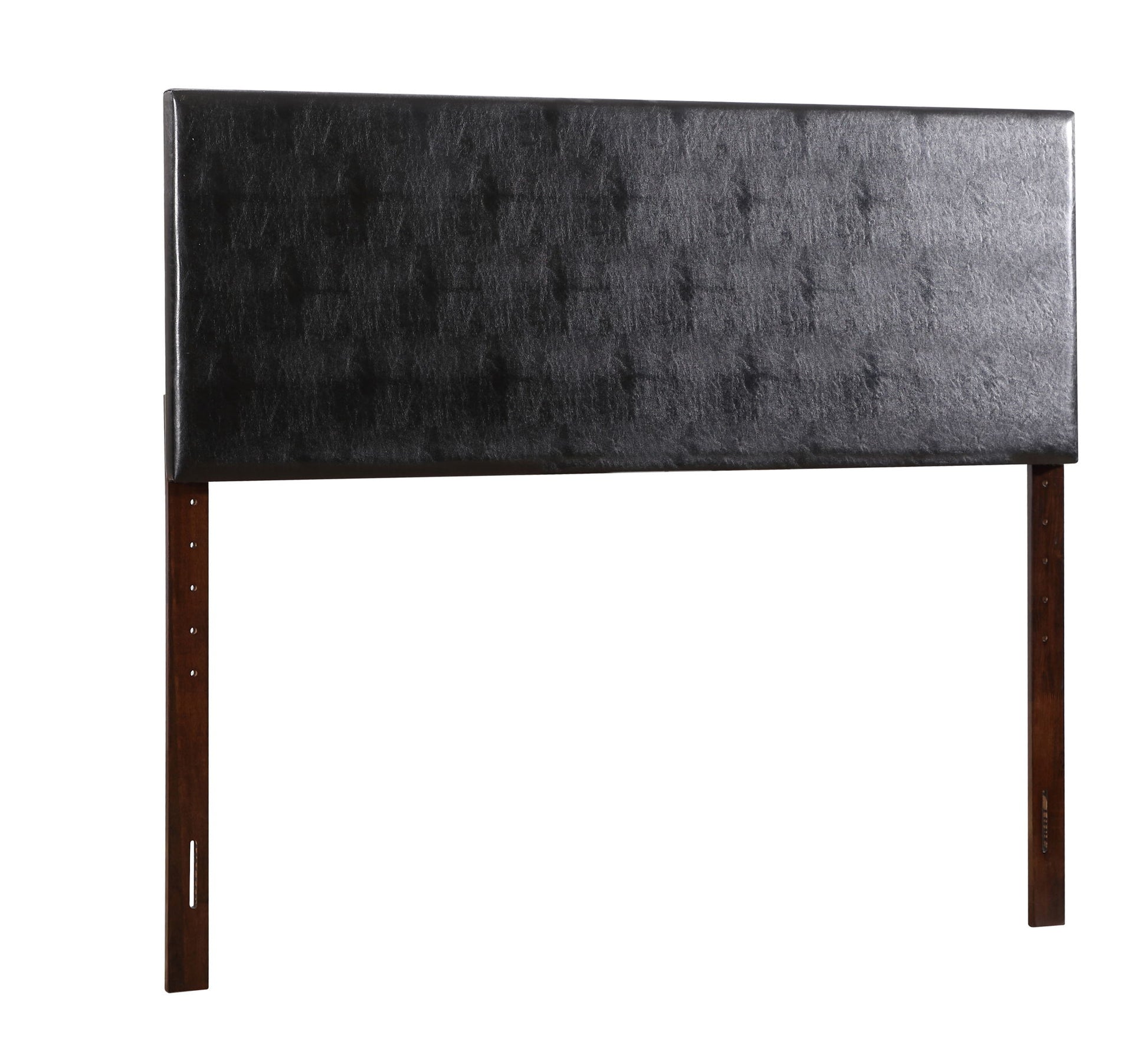 The Nova - Headboard is a rectangular, black faux leather piece with a subtle checkered pattern, supported by two dark wooden legs with adjustment holes, shown against a white background.