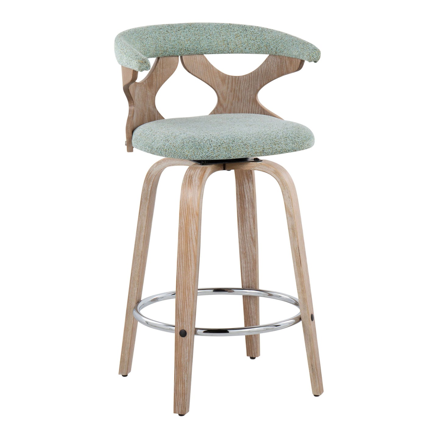 The Gardenia Mid Century Modern Counter Stool (Set of 2) features a light wood frame, curved cut-out backrest, light green upholstered seat and back, plus a circular chrome footrest, with fixed height and swivel functionality.