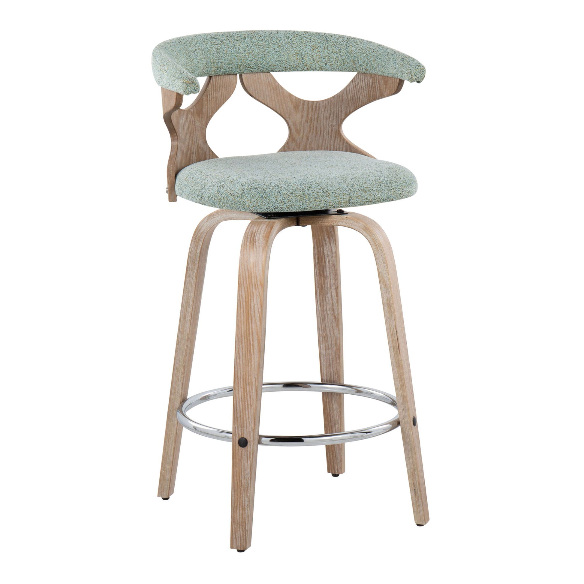 The Gardenia Mid Century Modern Counter Stool (Set of 2) features a light wood frame, curved cut-out backrest, light green upholstered seat and back, plus a circular chrome footrest, with fixed height and swivel functionality.