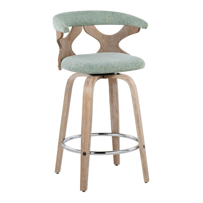 The Gardenia Mid Century Modern Counter Stool (Set of 2) features a light wood frame, curved cut-out backrest, light green upholstered seat and back, plus a circular chrome footrest, with fixed height and swivel functionality.