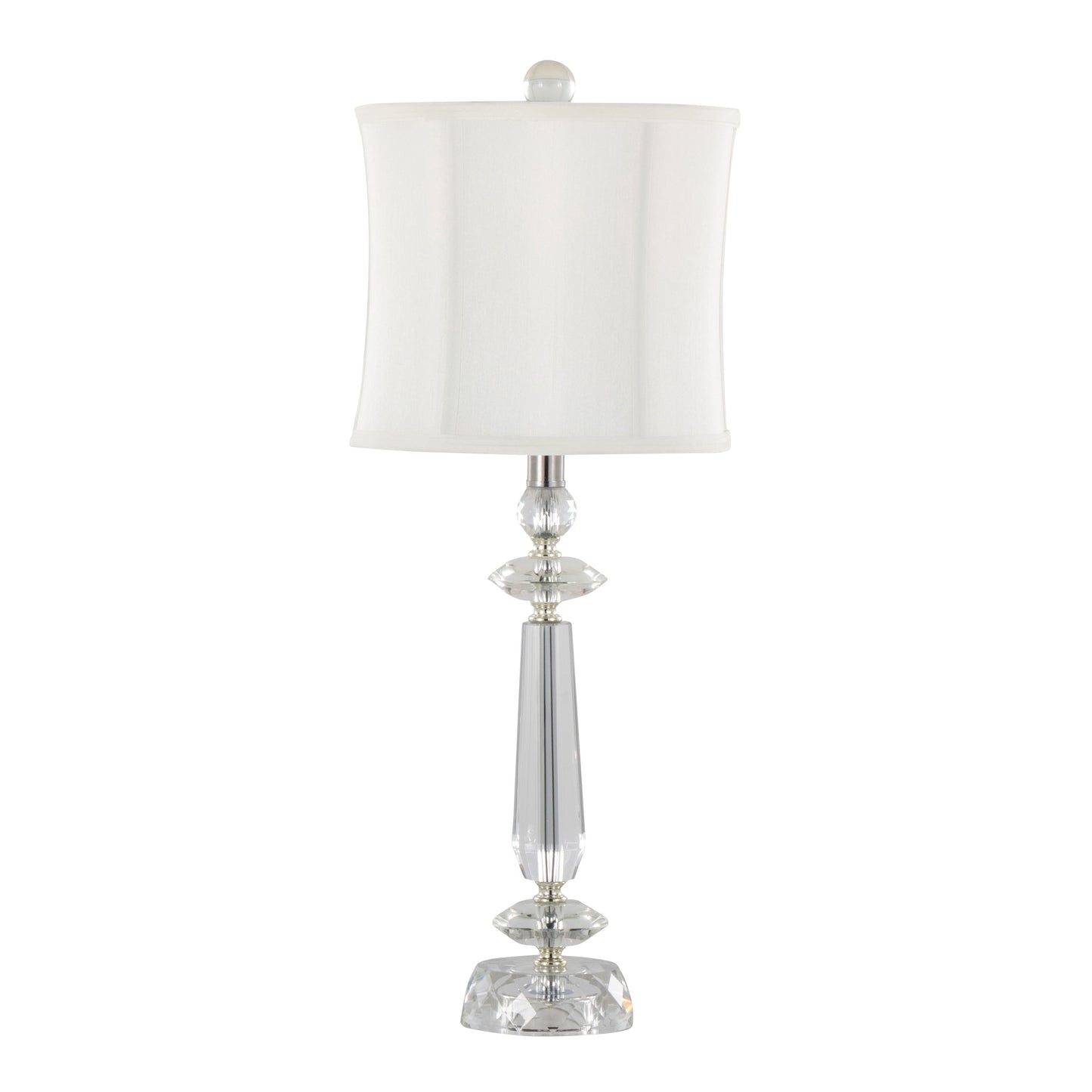 The Karat - Contemporary Crystal Table Lamp set includes two lamps with a faceted, clear crystal base and stacked geometric shapes. They feature white softback shades, offering an elegant modern look in chrome accents.