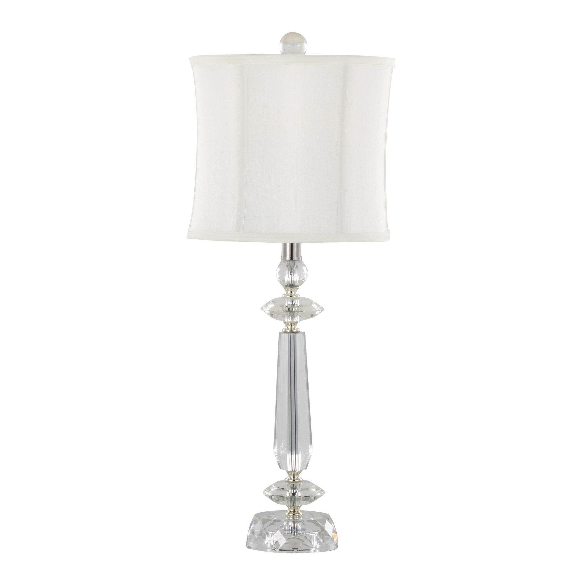 The Karat - Contemporary Crystal Table Lamp set includes two lamps with a faceted, clear crystal base and stacked geometric shapes. They feature white softback shades, offering an elegant modern look in chrome accents.