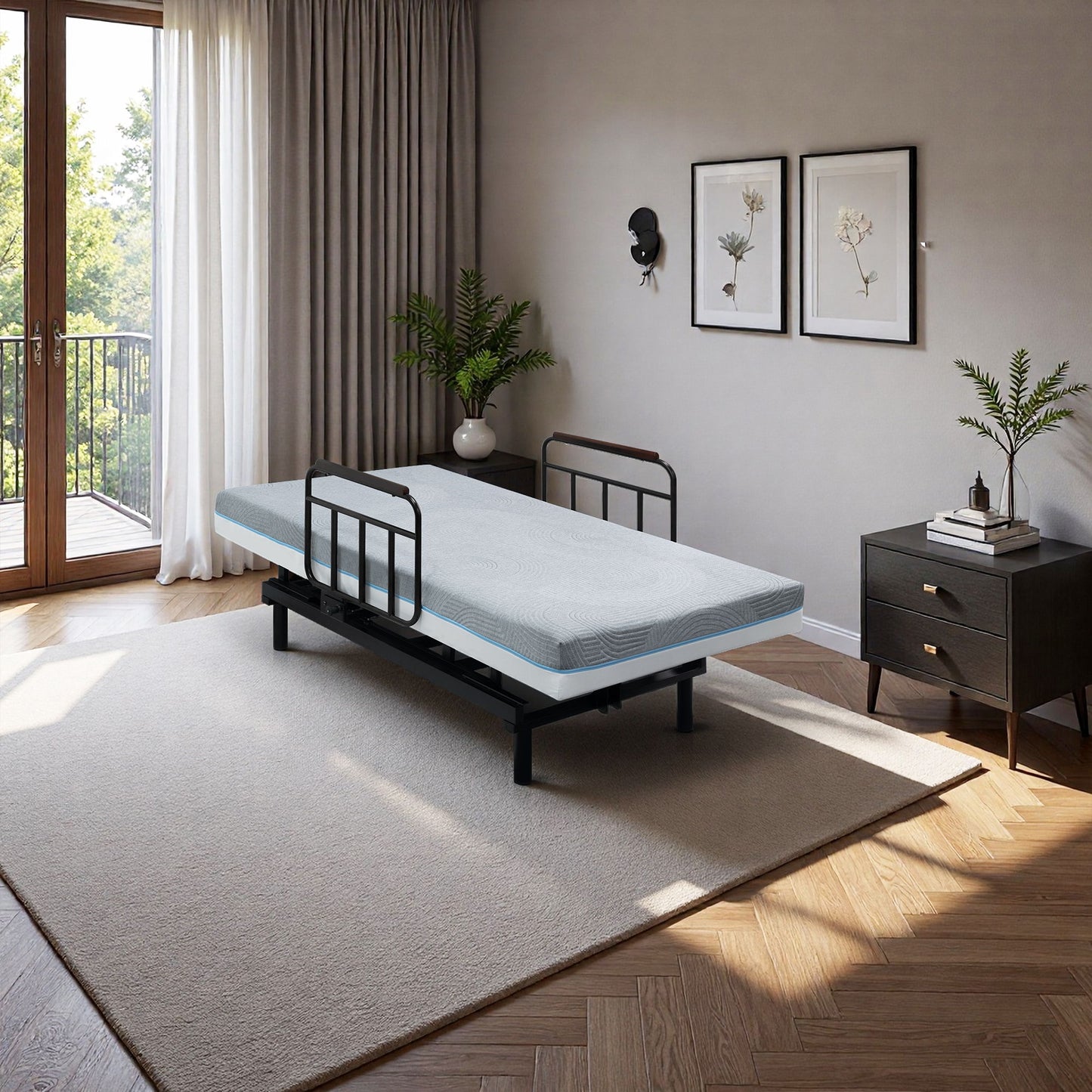 Electric Lift Bed For Seniors With Remote Control, Memory Foam Mattress, Safety Rails & Detachable Tray - Black / Gray