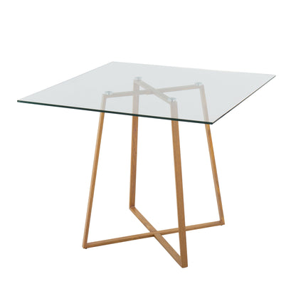 The Cosmo Contemporary Square Dining Table features a clear glass top and geometric wooden base with intersecting angled legs, displayed against a white background.