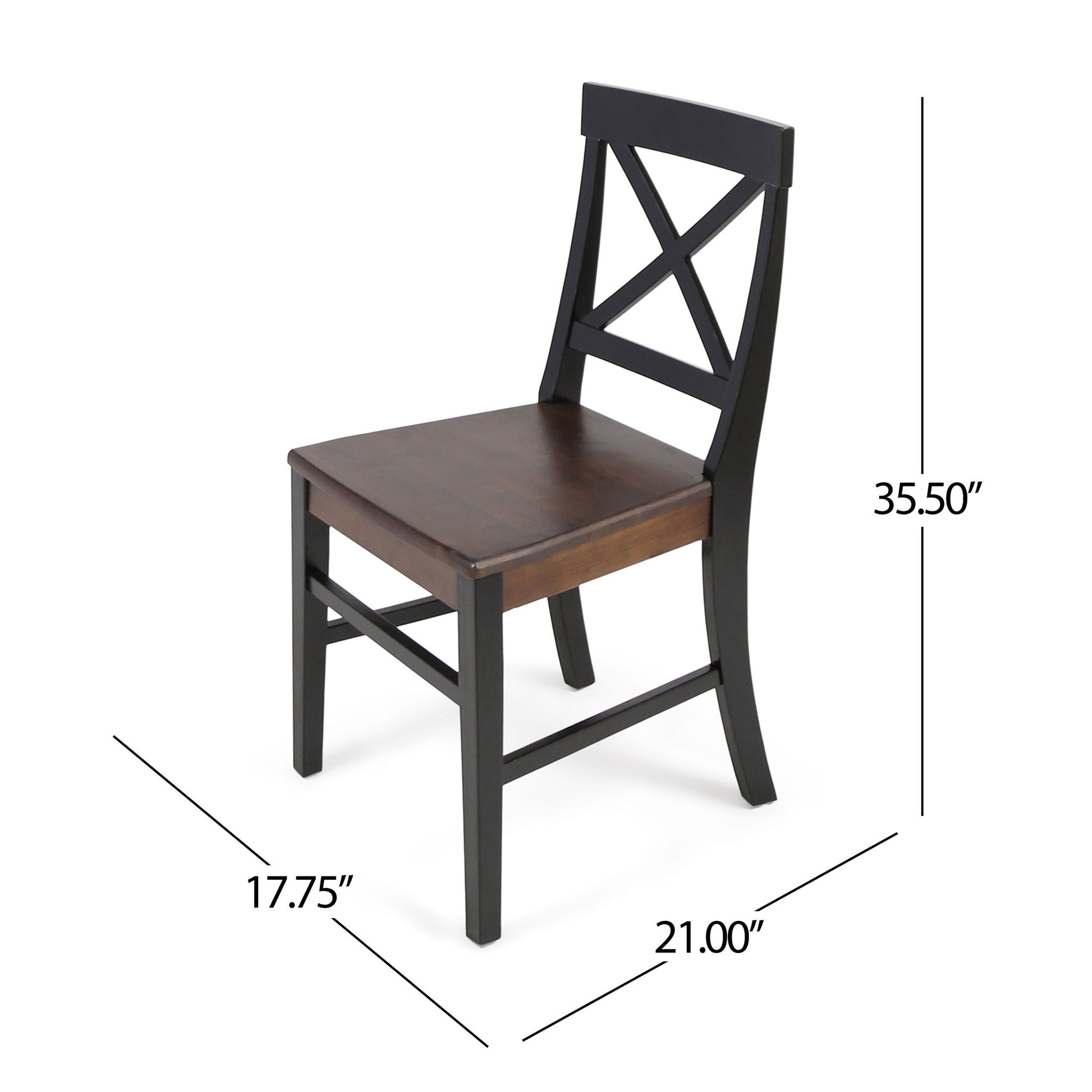 Plethora Dining Chair (Set of 2) features an X-shaped back, dark brown seat, and black frame. Each chair measures 35.5" tall, 21" deep, and 17.75" wide.