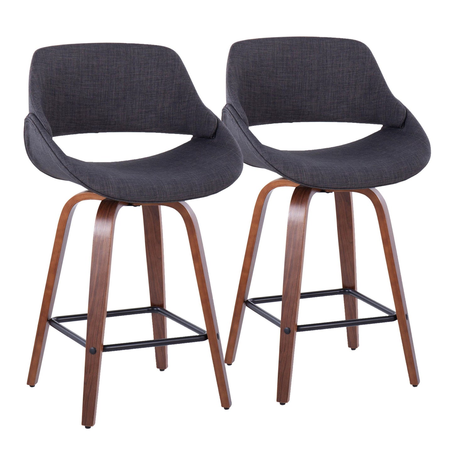 The Fabrico Mid-Century Modern Counter Stool set includes two stools with curved black upholstered seats, wooden legs, and metal footrests—perfect for adding a sleek, contemporary touch to your kitchen or bar area.