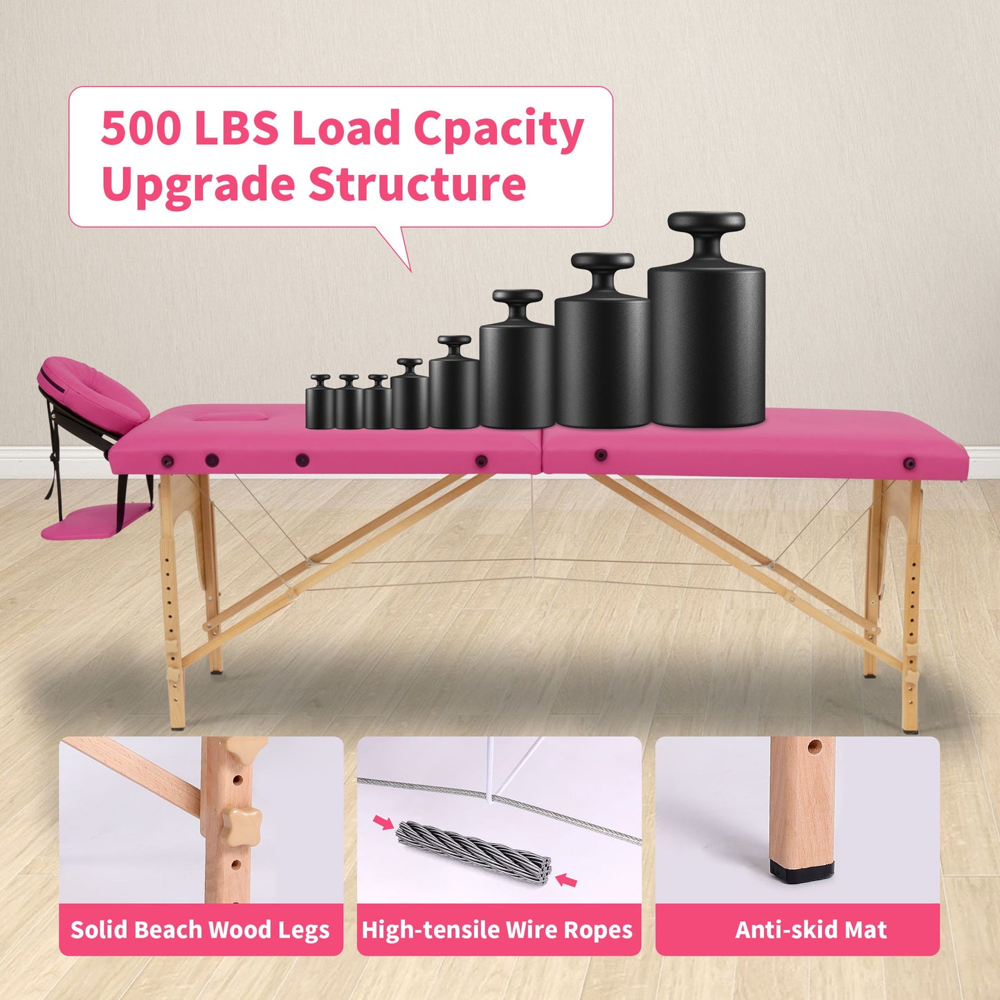 The Massage Table Portable Massage Bed in Rose features solid beech wood legs, high-tensile wire ropes, and anti-skid mats. It supports up to 500 lbs and includes a carrying case, adjustable height, and face cradle for salon or spa use.