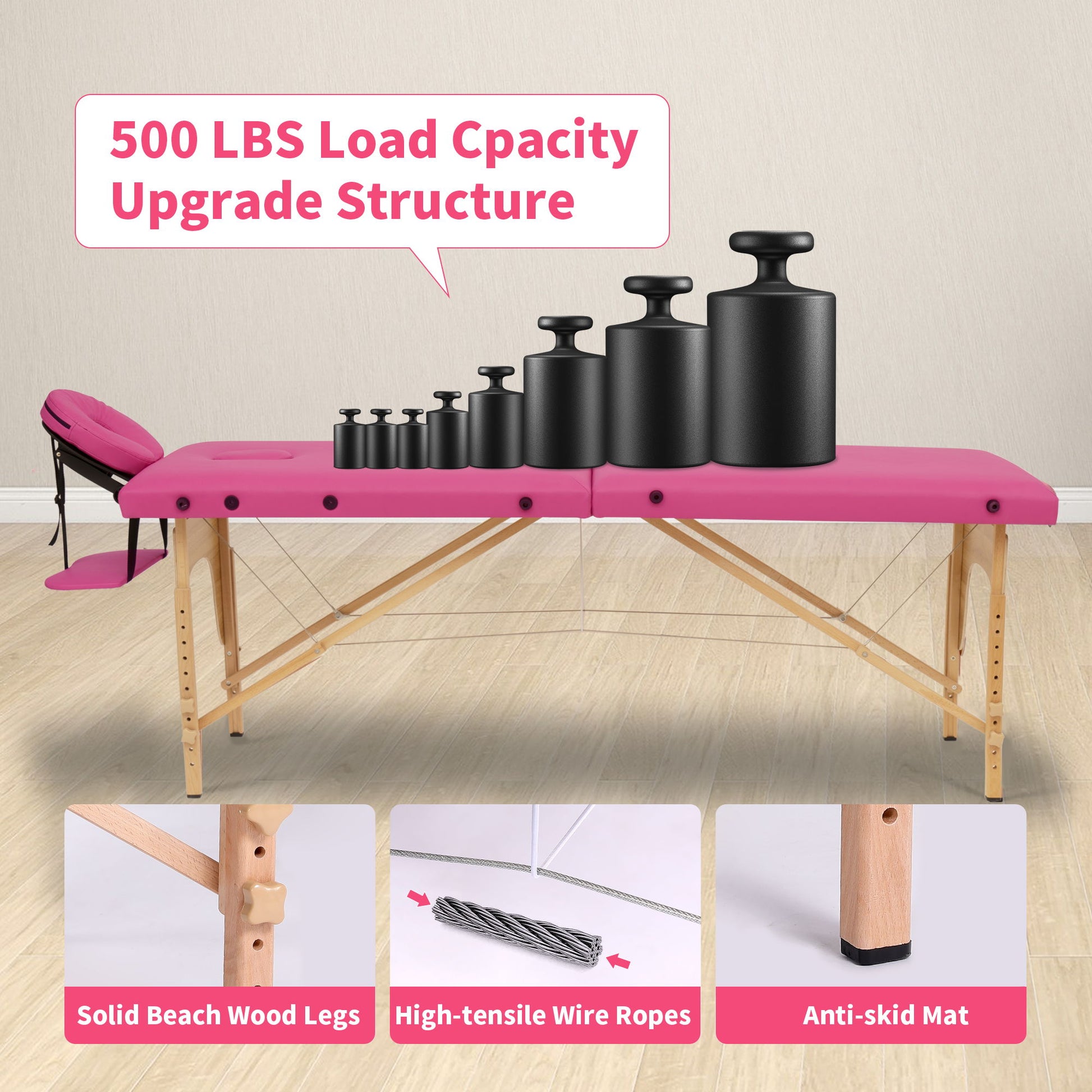 The Massage Table Portable Massage Bed in Rose features solid beech wood legs, high-tensile wire ropes, and anti-skid mats. It supports up to 500 lbs and includes a carrying case, adjustable height, and face cradle for salon or spa use.