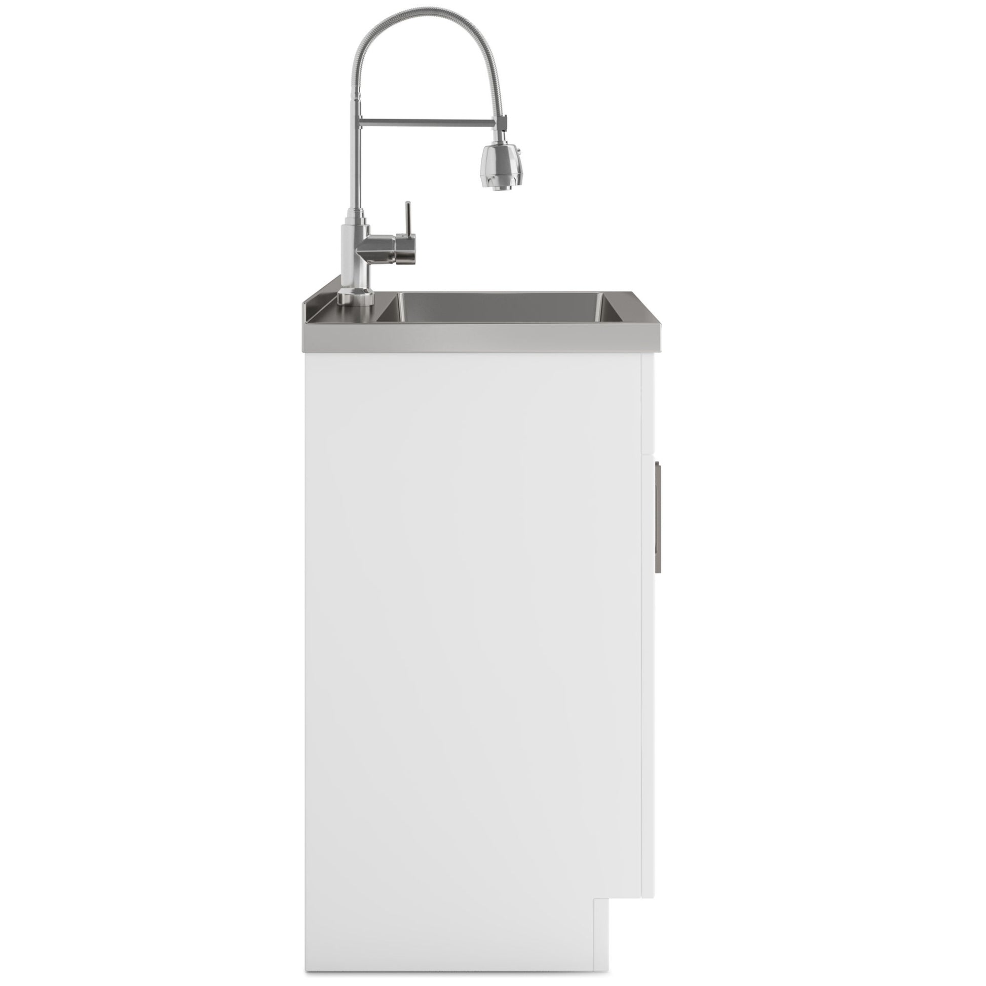 Side view of the Hennessy - Deluxe Laundry Cabinet with a tall, curved faucet and stainless steel sink, built into a sleek white cabinet unit.