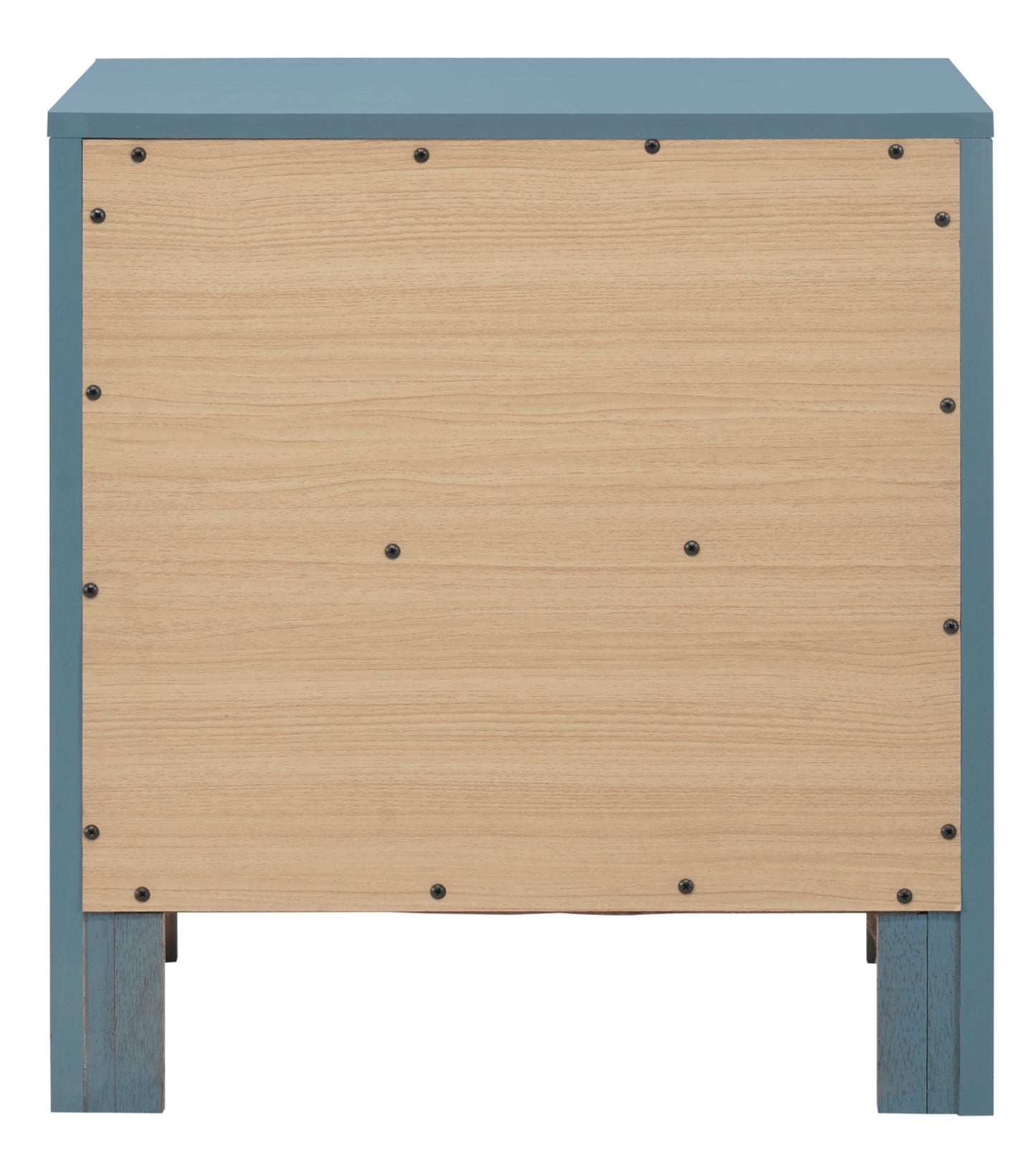 The Charming Nightstand With Drawers features a plain light wood back panel secured with black screws, blue legs, and frame edges, all visible from the rear. No handles or decorative elements are present on the back side.