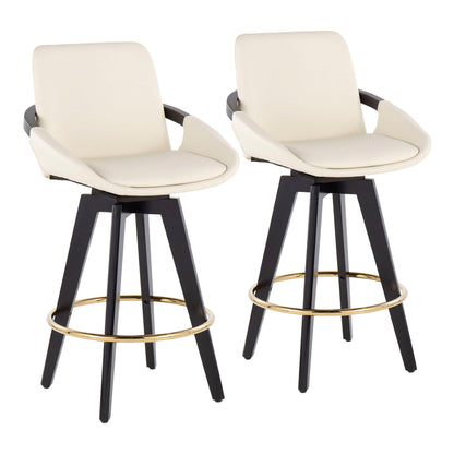The Cosmo Contemporary Fixed Height Counter Stool (Set of 2) features cream cushioned seats and backs, black wood legs, gold round footrests, armrests, and swivel bases for modern comfort and style.