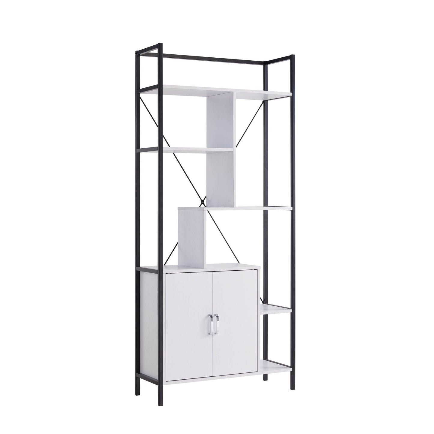 The Modern Bookcase With Two Door Storage Cabinet With Two Shelves features a tall black metal frame, asymmetrical white shelves, an open design with X-shaped back support, and a two-door white cabinet at the bottom.