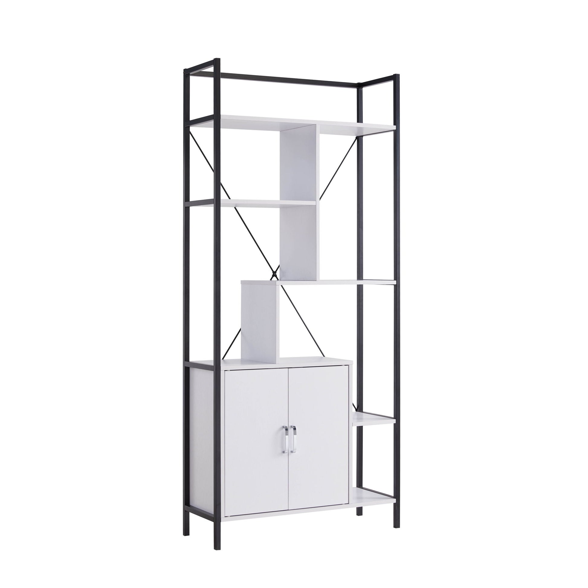 The Modern Bookcase With Two Door Storage Cabinet With Two Shelves features a tall black metal frame, asymmetrical white shelves, an open design with X-shaped back support, and a two-door white cabinet at the bottom.