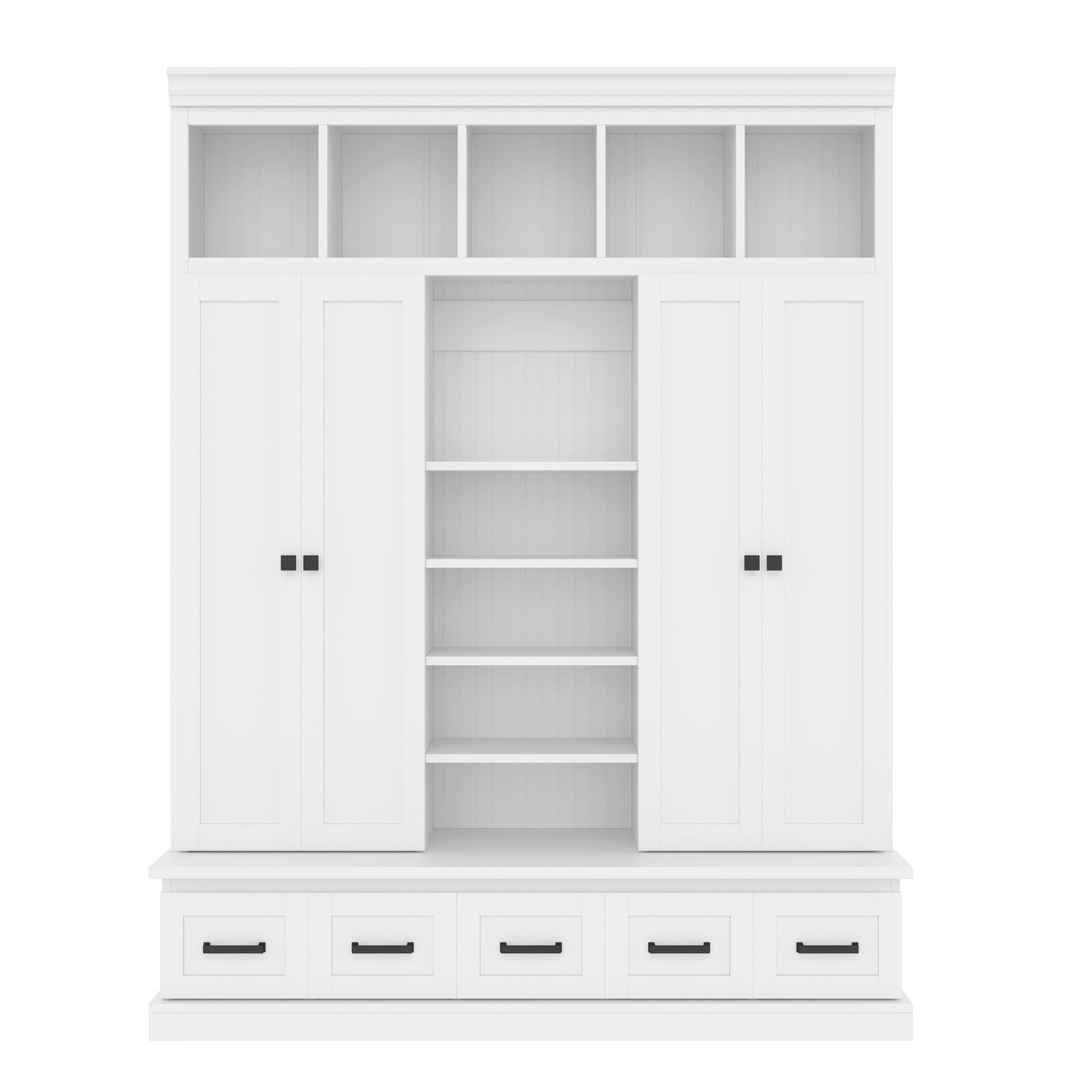 Hall Tree With Bench And 5 Storage Cubbies, Modern Entryway Storage Organizer Cabinet With 4 Doors, 5 Drawers And Adjustable Shelves For Hallway, Entryway, Living Room - White