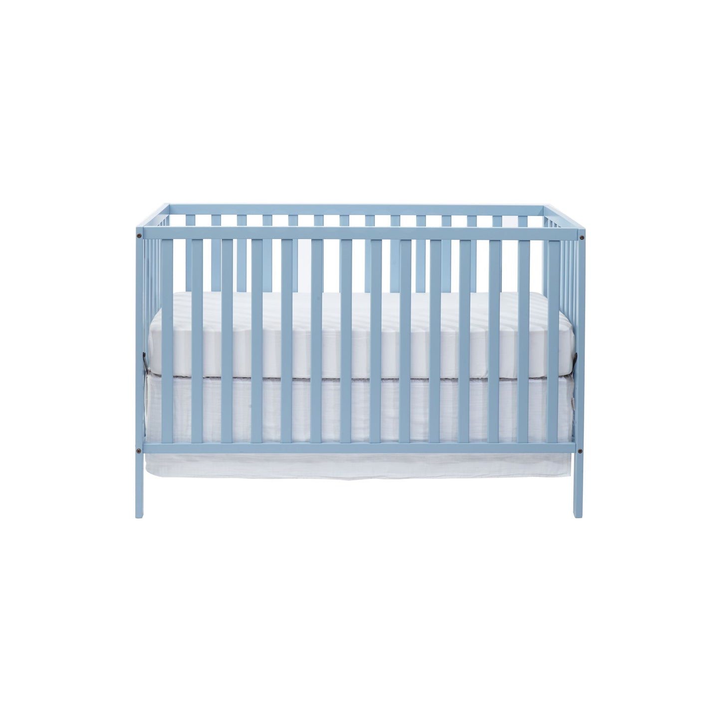 The Palmer 3-in-1 Convertible Island Crib features a light blue wooden frame with vertical slats on all sides, a white mattress, and a minimalist design, shown on a plain white background.