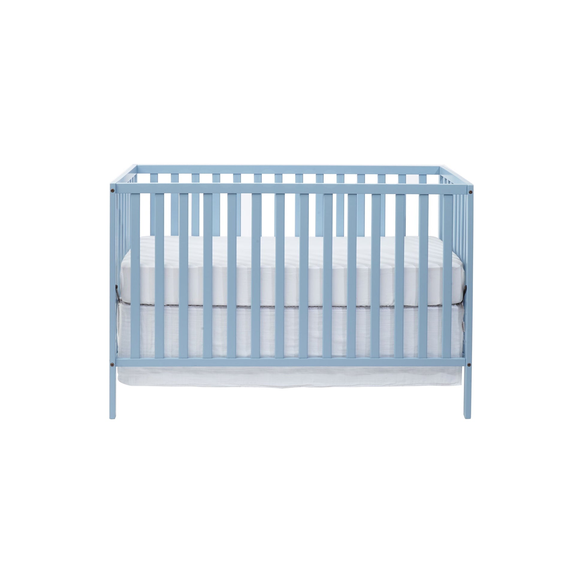 The Palmer 3-in-1 Convertible Island Crib features a light blue wooden frame with vertical slats on all sides, a white mattress, and a minimalist design, shown on a plain white background.